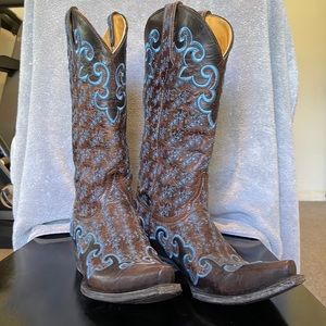 Old Gringo Brown Blue Embroidery Snip Toe Boot Size 7 1/2 B